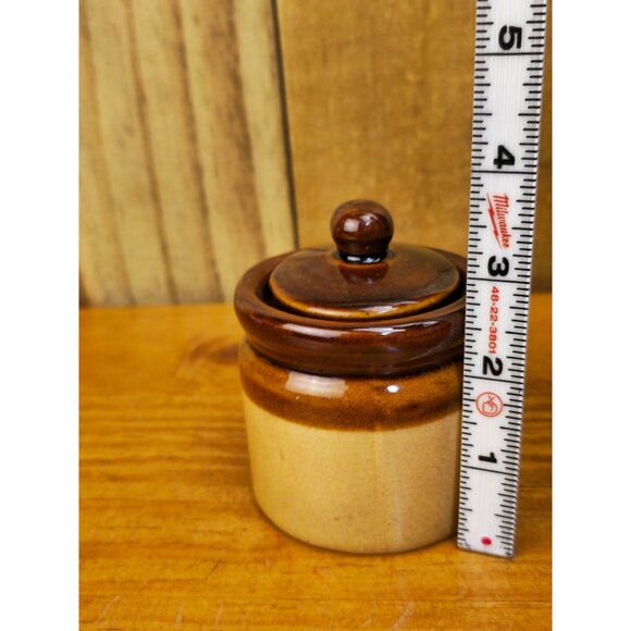 Vintage Stoneware Miniature Lidded Jar With Brown Glaze & Beige Body - Picture 6 of 9